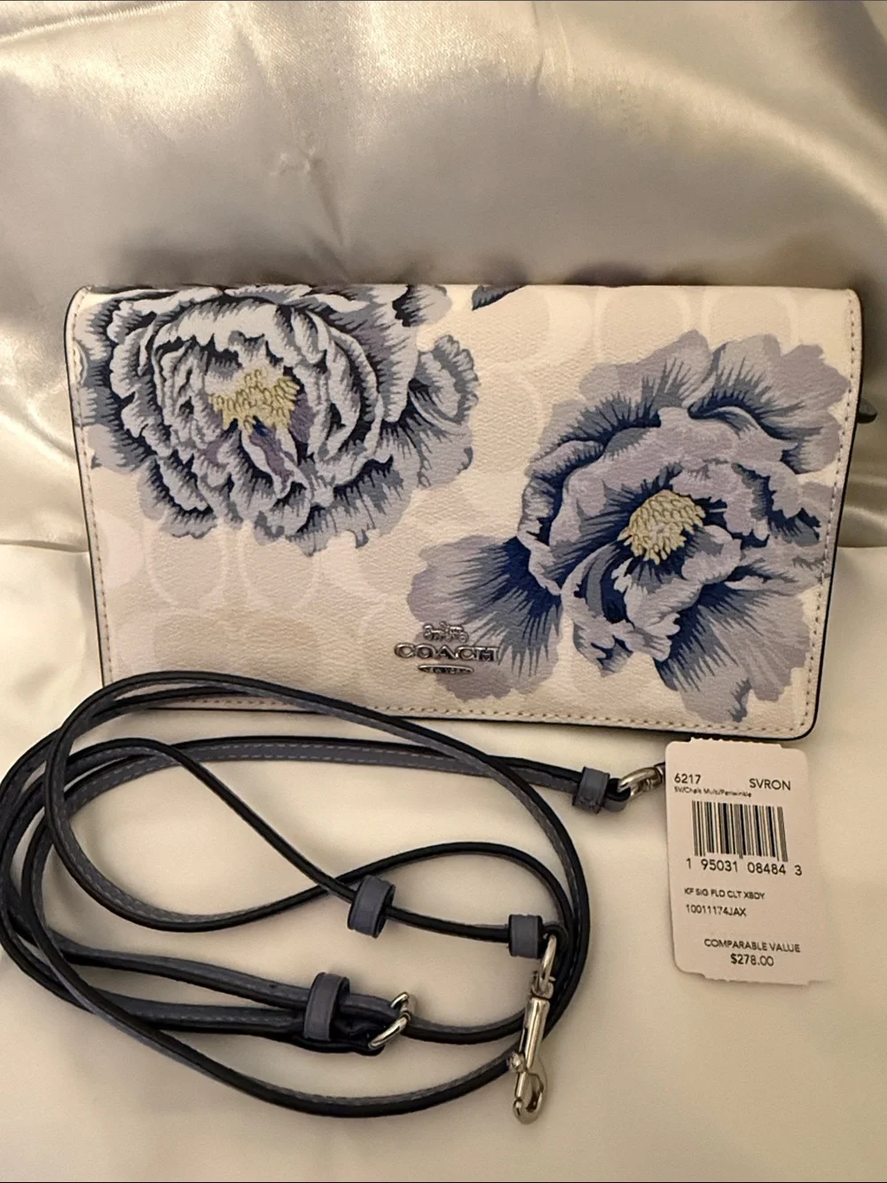💜Coach Pre Owned Excellent Chalk /Lavender Floral Print Slim Crossbody Wallet -